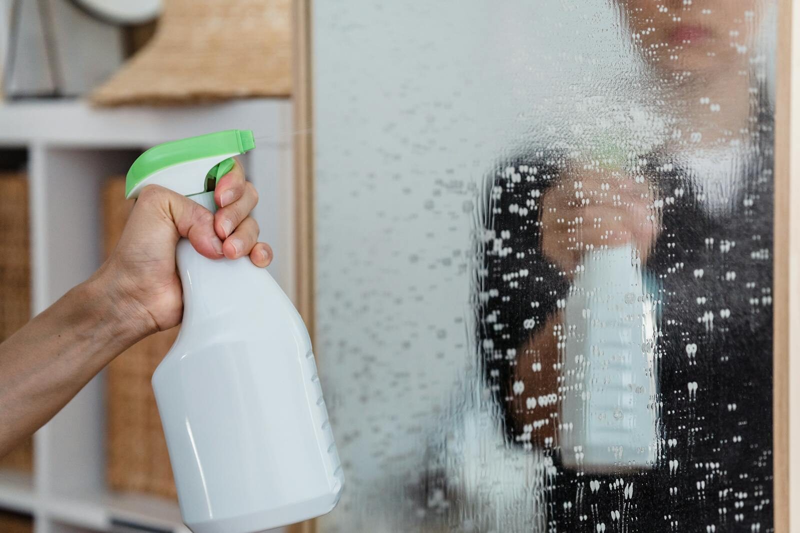 Close-up of a hand using a spray bottle to clean a mirror indoors.
